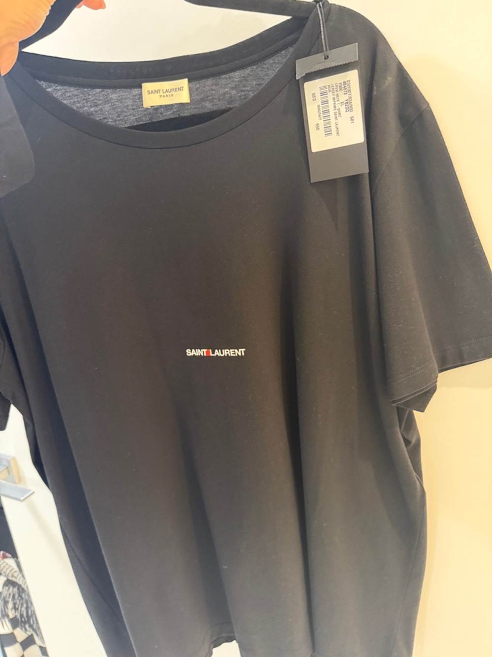 Saint Laurent Black Tee with Mini White and Red Logo